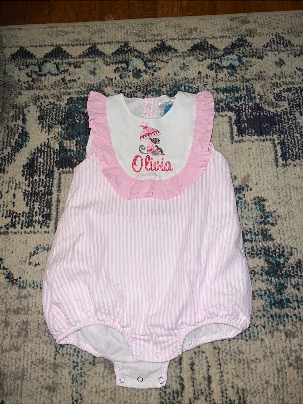 Pink Striped Baby Romper with Ruffle Bib - "Olivia"